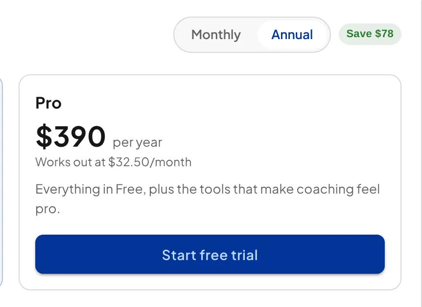 The Monthly and Annual switch set to Annual, with a Save $78 badge, above the Pro card showing $390 per year, which works out at $32.50 a month.