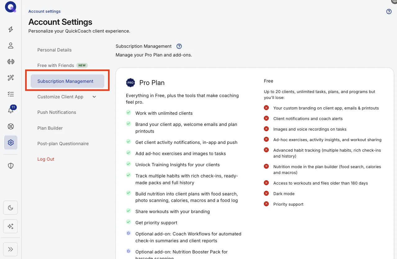 The Subscription Management tab in Account Settings