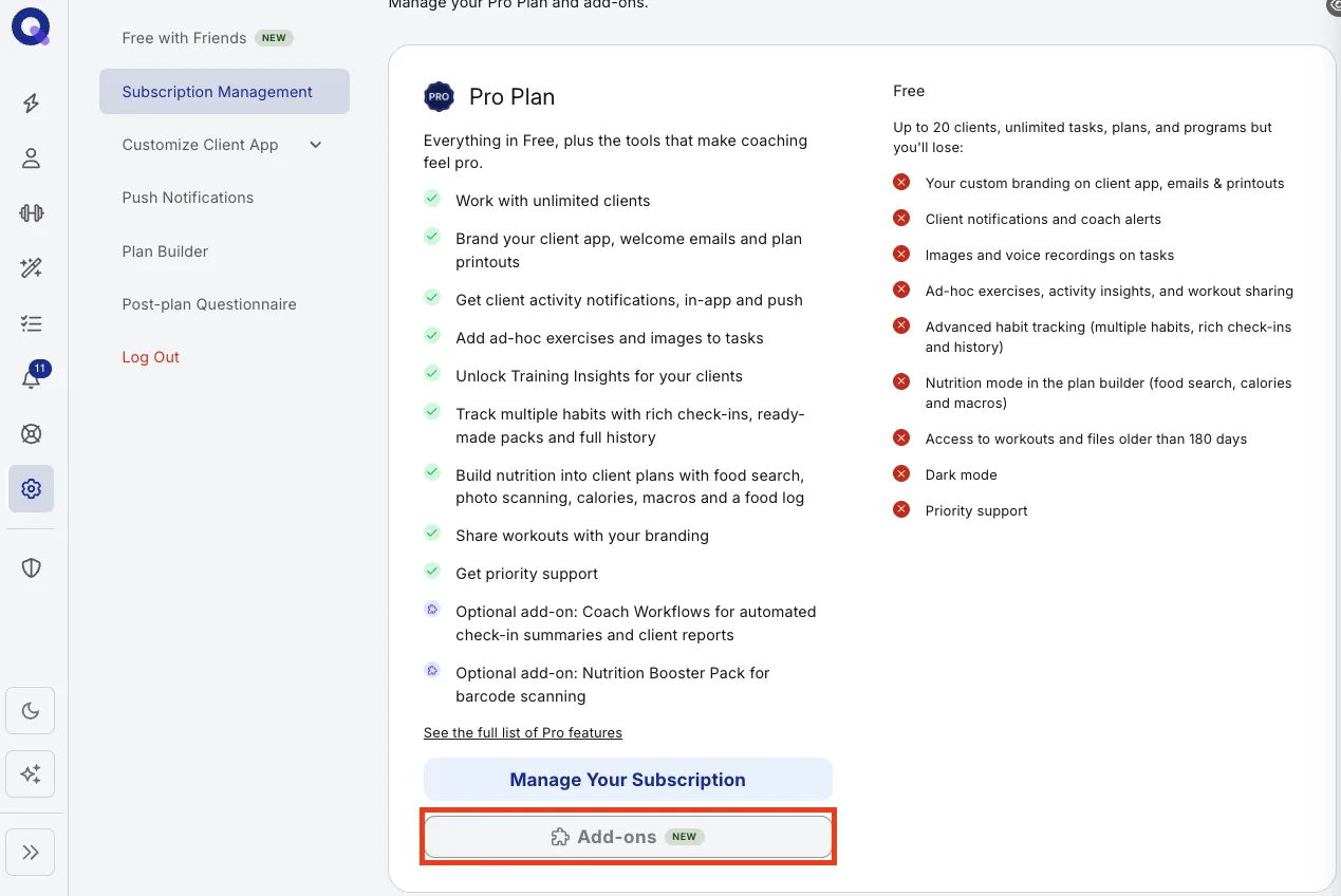The Add-ons link underneath Manage Your Subscription