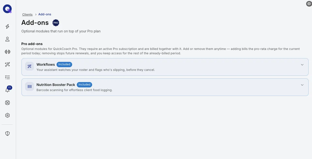 The Add-ons page listing Workflows and the Nutrition Booster Pack with their status
