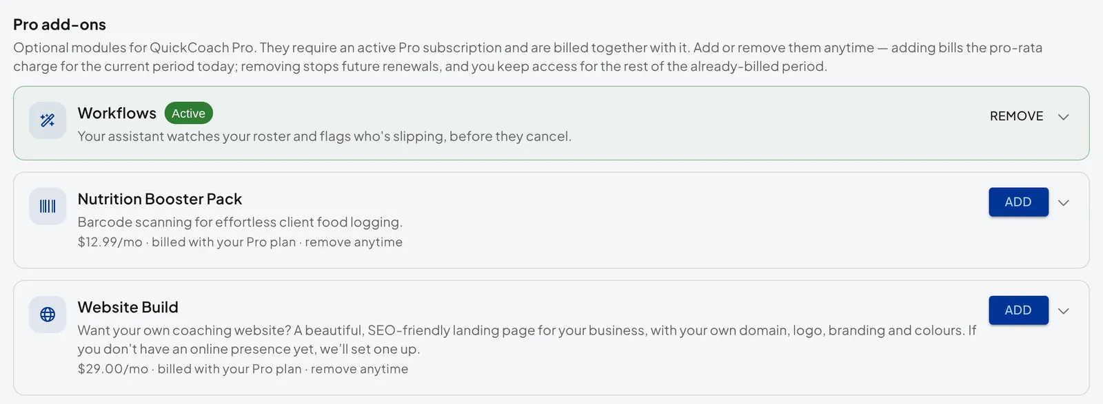 The Add-ons page after adding Workflows: its card is marked Active and shows a Remove button, while the Nutrition Booster Pack and Website Build still show Add.