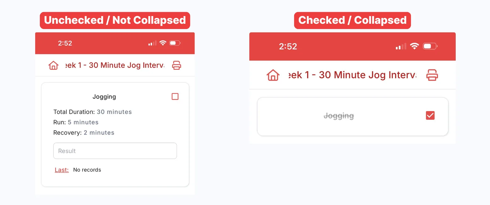 A client task shown unchecked and expanded next to the same task checked and collapsed