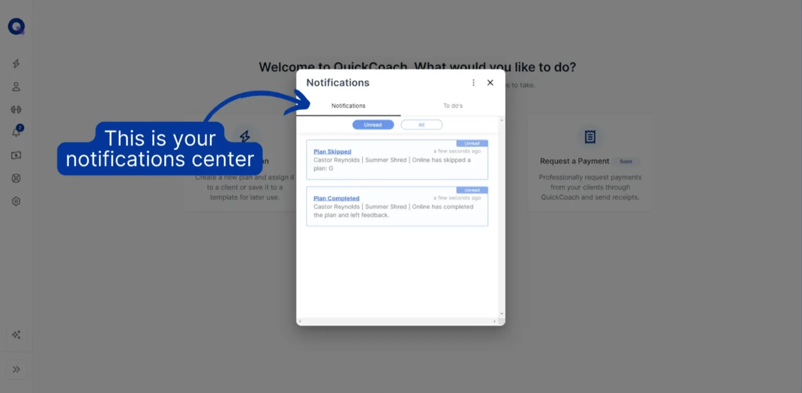 The Notifications panel open with the Unread filter showing two client notifications
