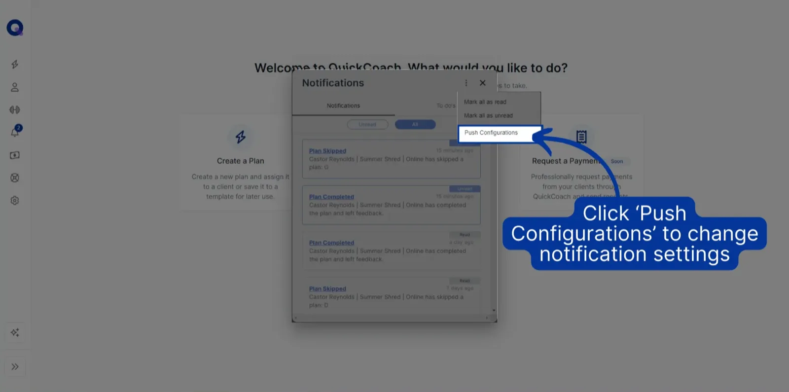 The Push Configurations option in the Notifications panel menu