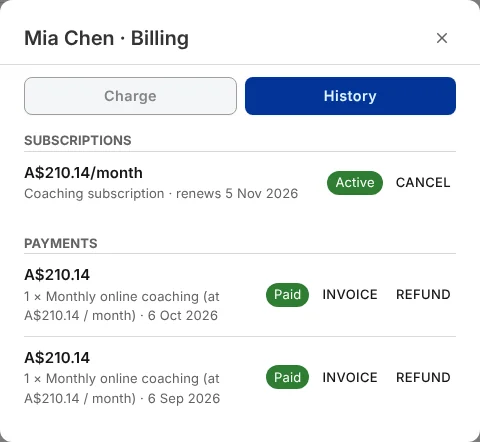 A client's History tab, listing an active subscription of A$210.14 a month with its renewal date and a Cancel button, and two paid payments with Invoice and Refund buttons
