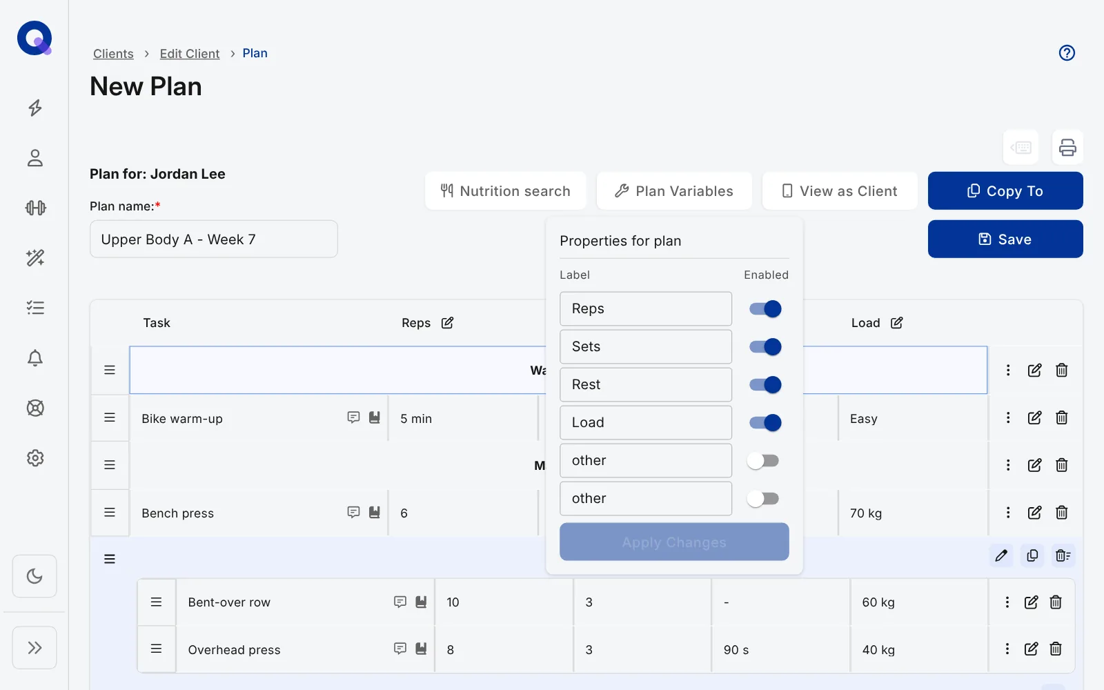 The Properties for plan box opened from Plan Variables, listing Reps, Sets, Rest and Load switched on and two columns labelled other switched off, with an Apply Changes button