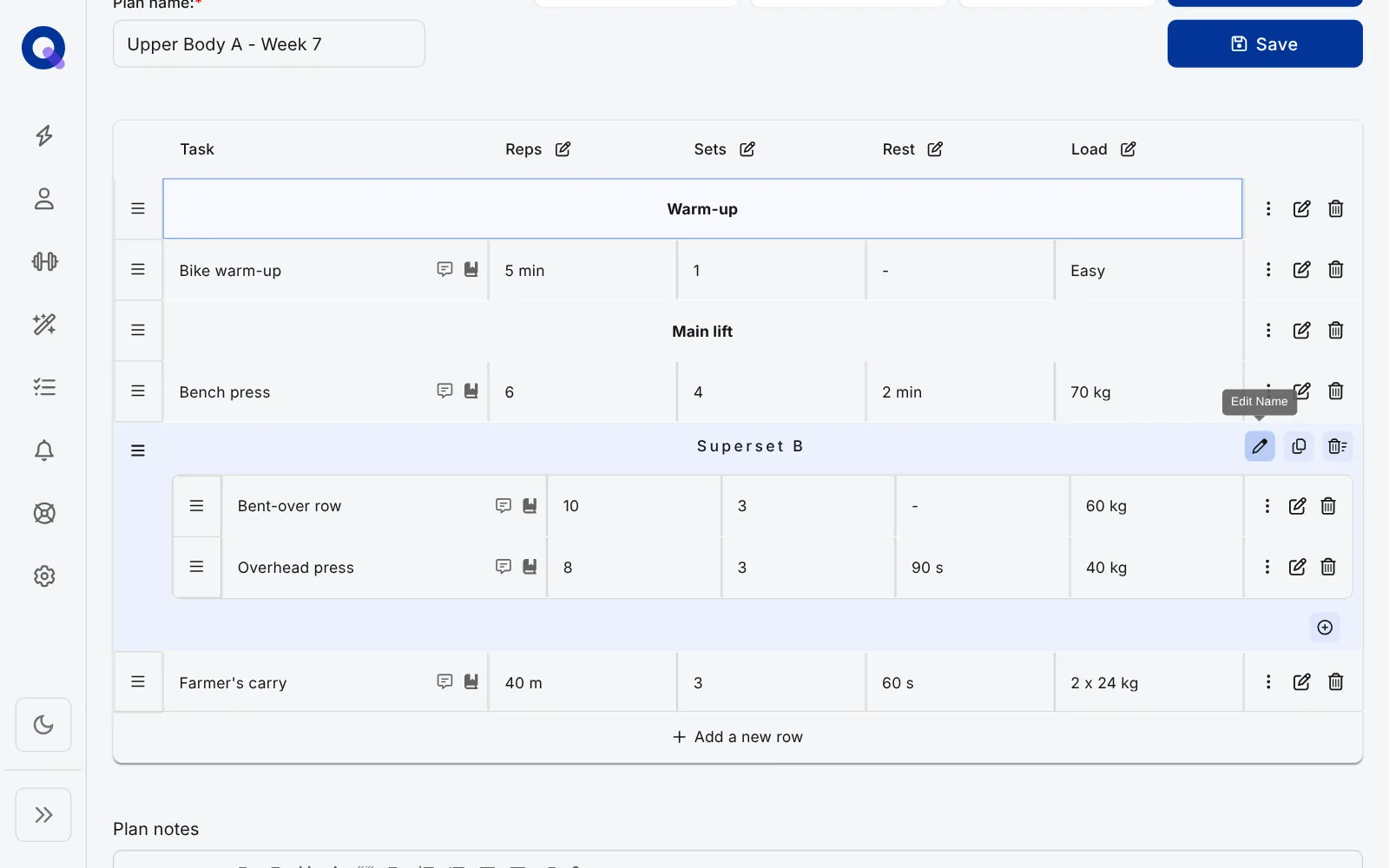 The header row of Superset B with its pencil, copy and delete icons, and the Edit Name tooltip showing on the pencil
