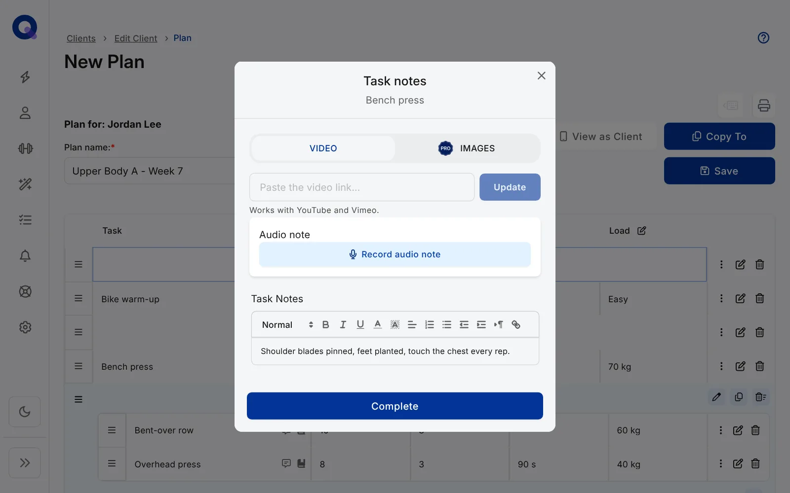 The Task notes window for Bench press, with Video and Images tabs, a video link field and Update button, an Audio note section with Record audio note, the Task Notes editor and a Complete button