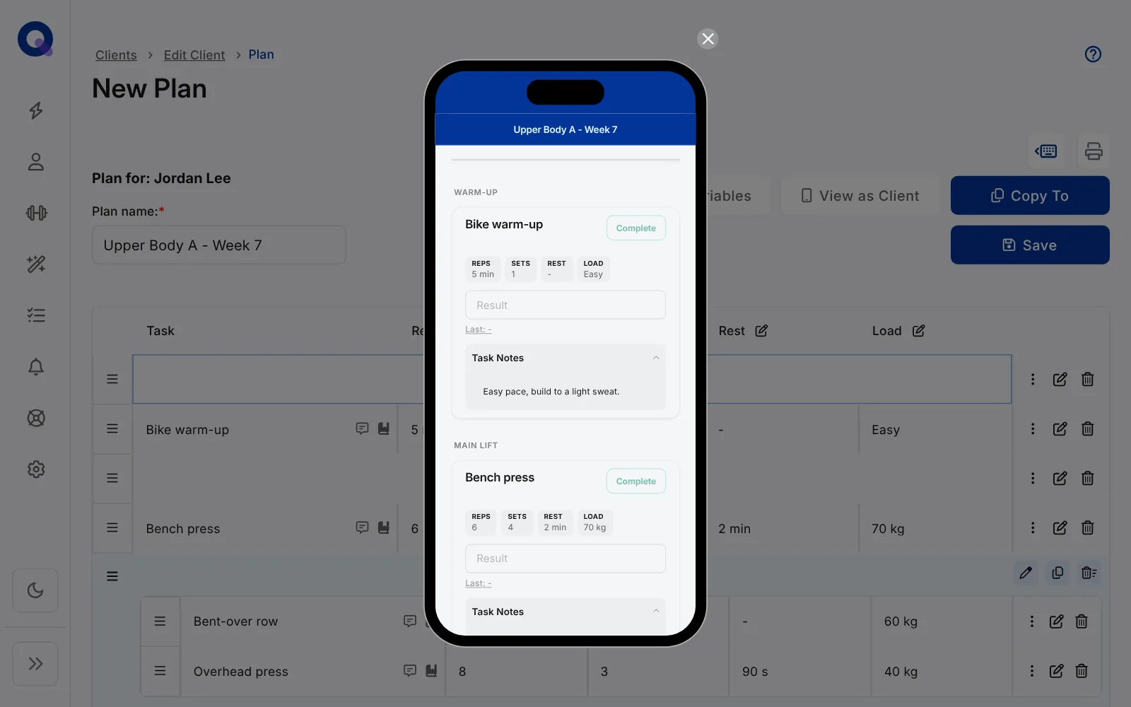 The View as Client preview, showing the plan inside a phone frame over the plan builder
