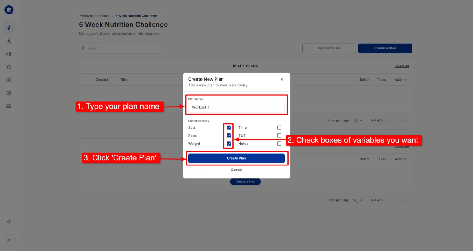 The new plan dialog with a plan name field and variable checkboxes