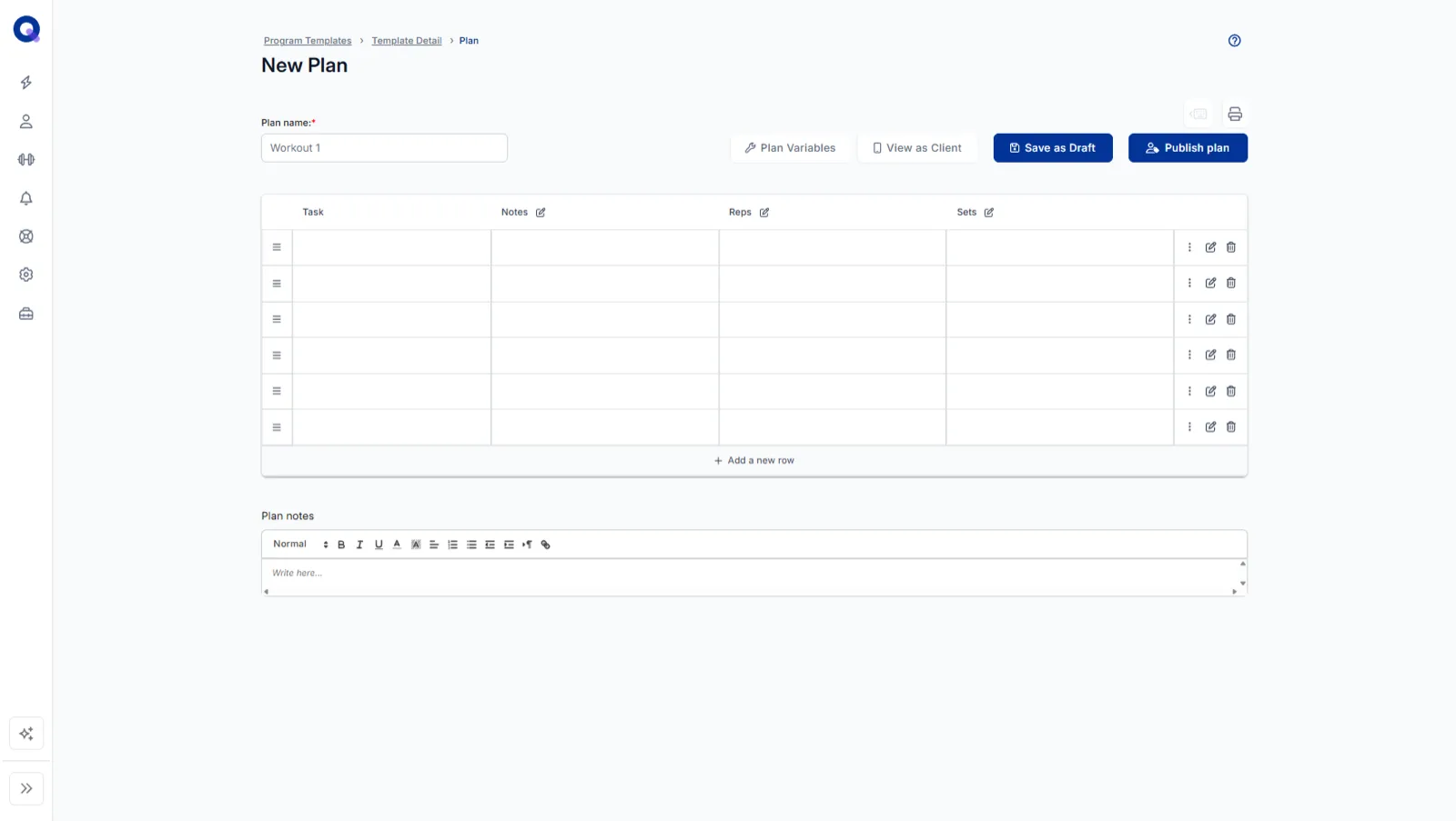 An empty plan builder with the plan name field and variable columns