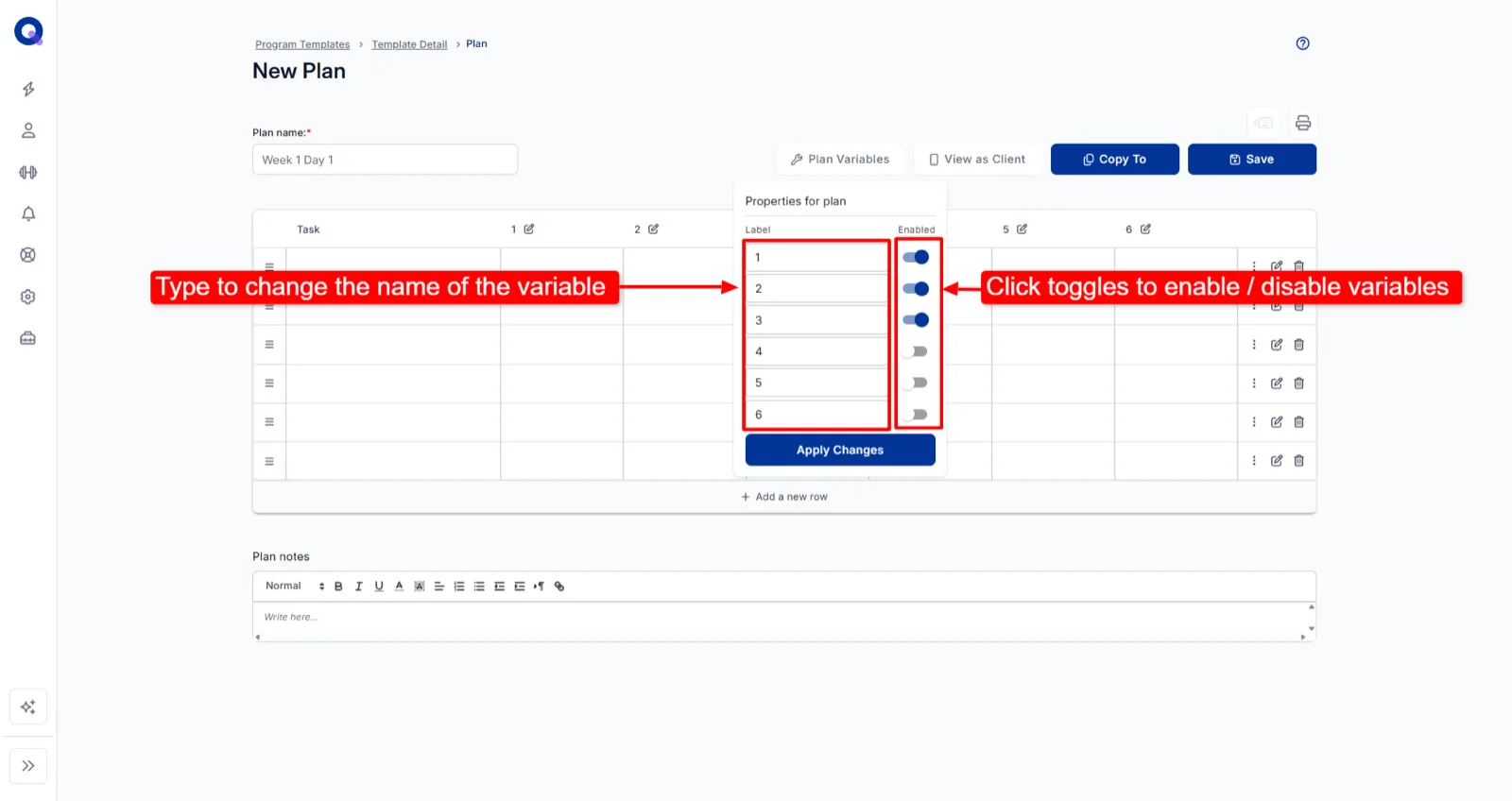 The Plan Variables menu with label fields and enable toggles for each column