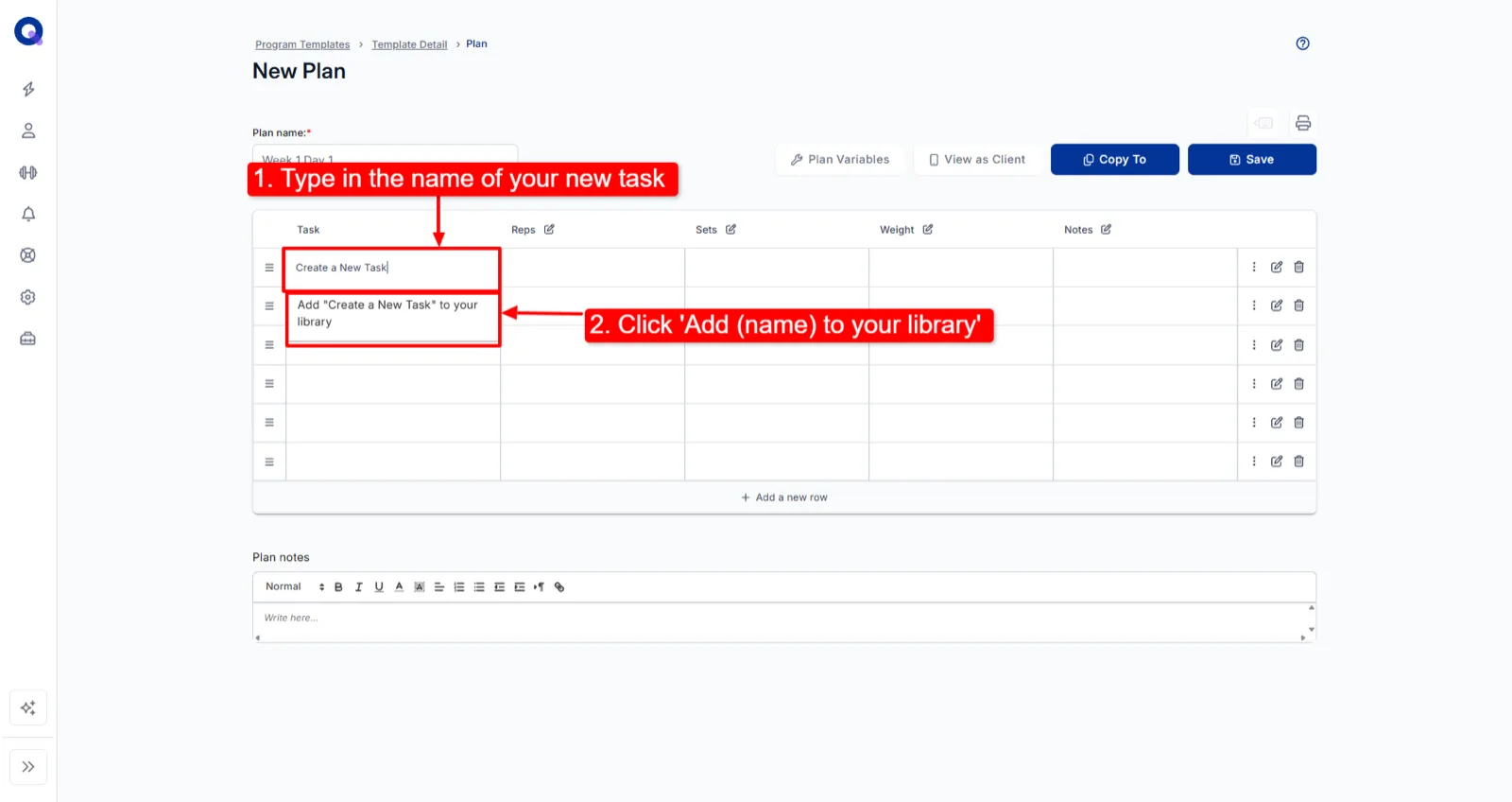 Typing a new task name in the Task column with the add-to-library prompt showing