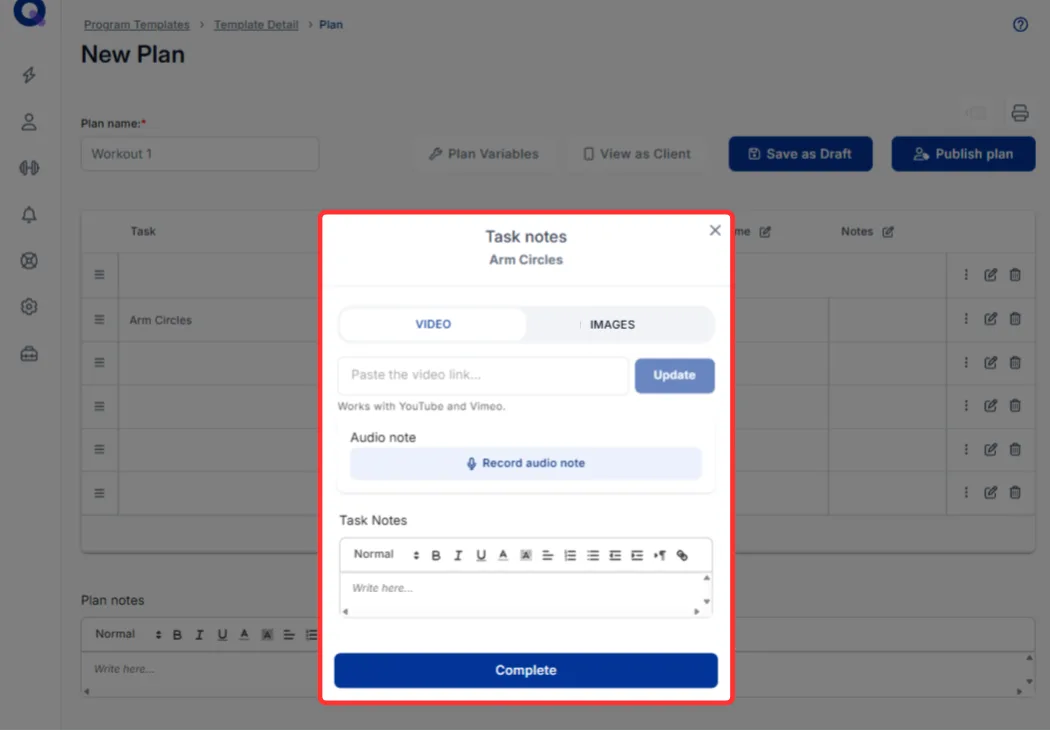 The task details editor with fields for notes, video, images and an audio note
