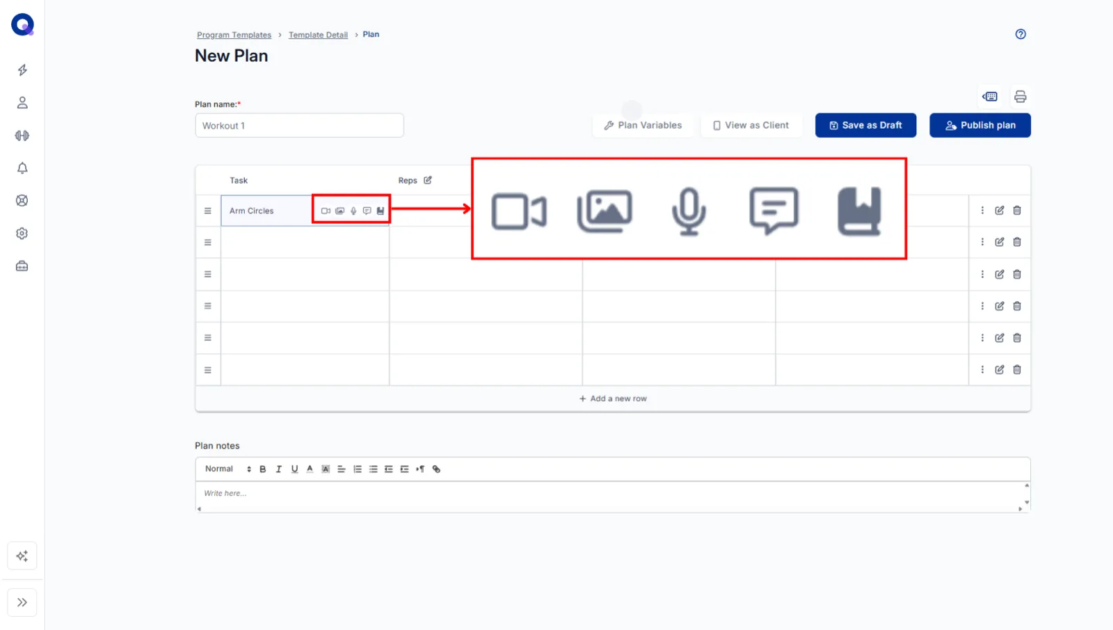 A task row with icons indicating video, notes, audio, images and library membership