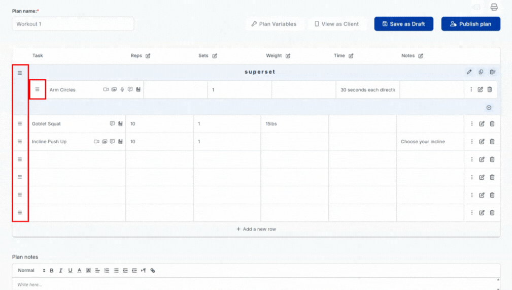 A row being dragged to a new position in the plan builder