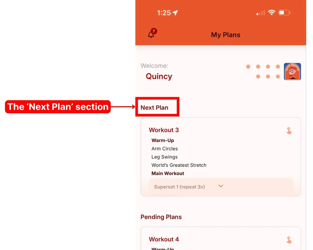 The client home page with the Next Plan section highlighted, showing a single upcoming workout.