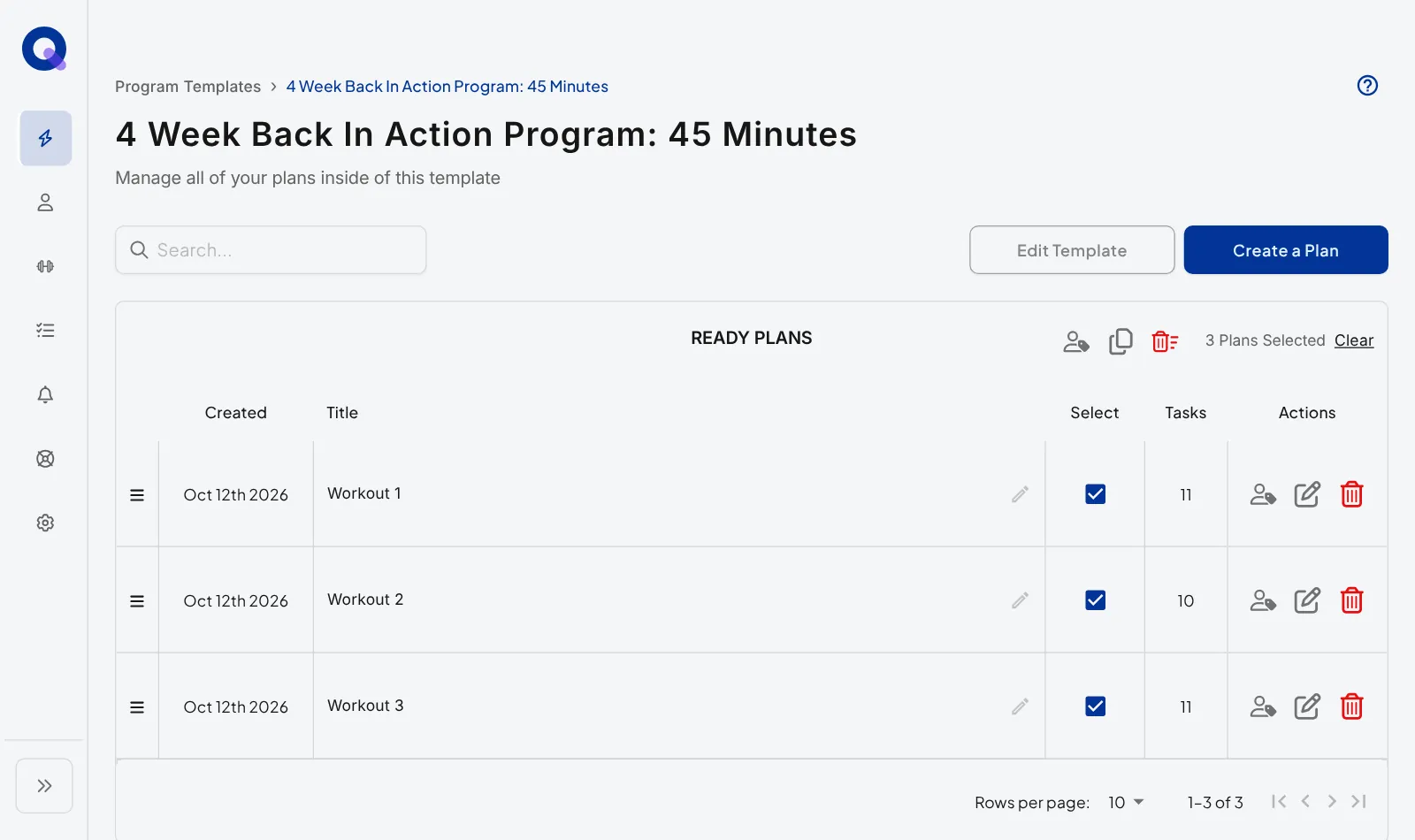 Inside the 4 Week Back In Action Program: 45 Minutes template with Workout 1, 2 and 3 ticked in Ready Plans, and the Assign Selection, Copy Selection and Delete Selection icons beside 3 Plans Selected