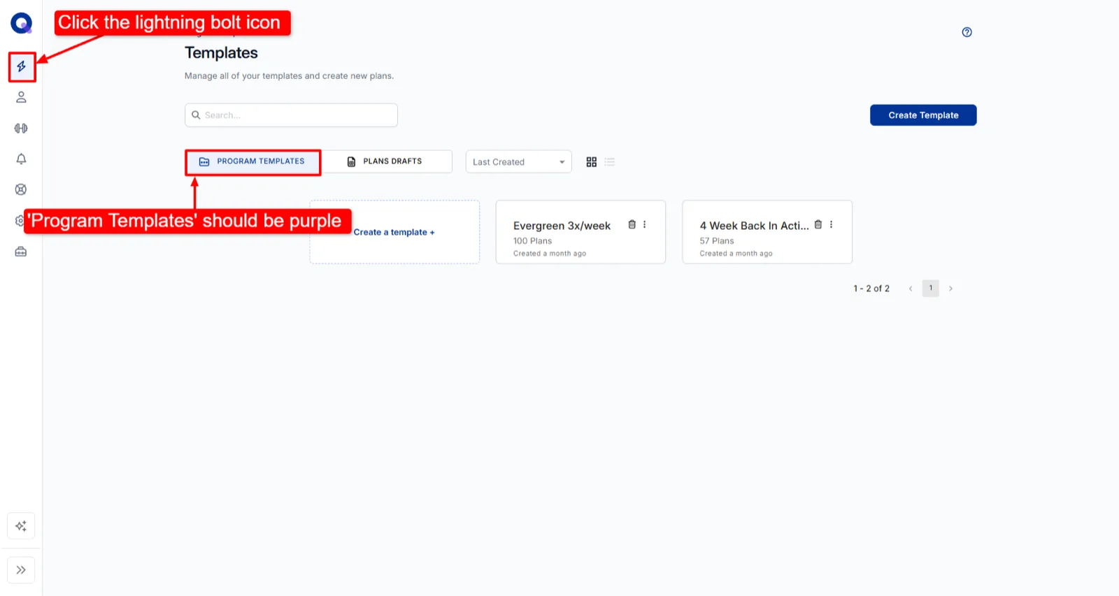 The Program Templates page showing template cards with the Create Template button
