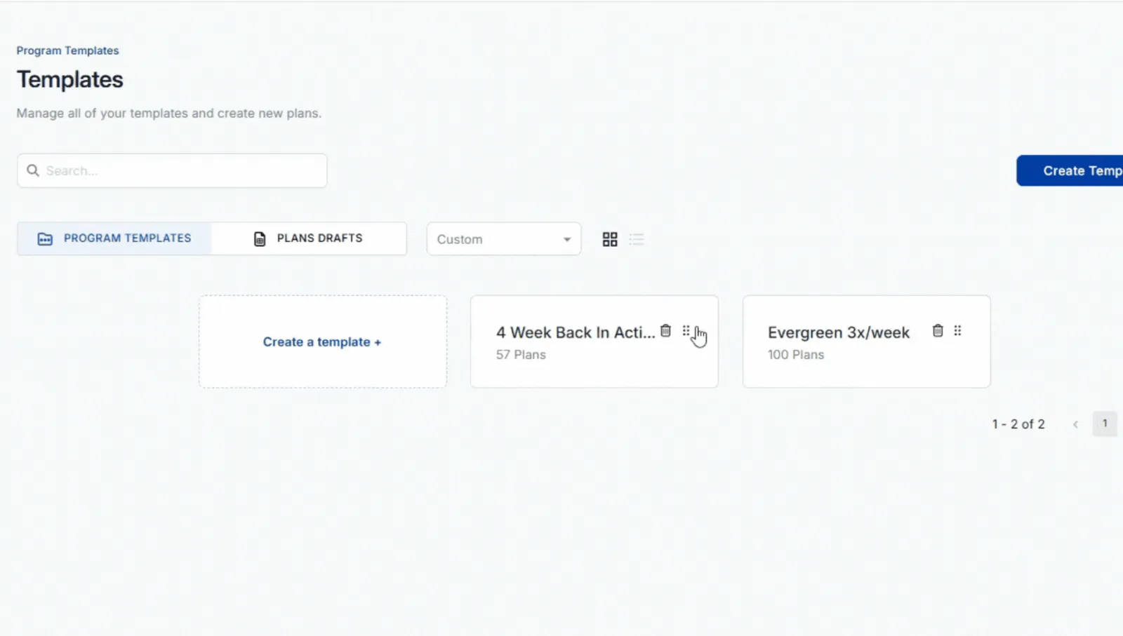 A template card being dragged into a new position with custom sorting enabled