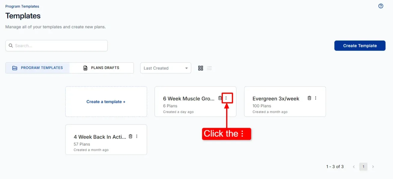 The template card menu open with Add a plan, Assign to Client, and Duplicate template options
