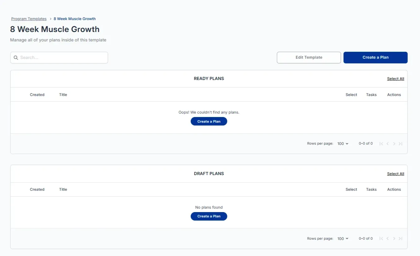 Inside an open program template with Ready Plans and Draft Plans sections