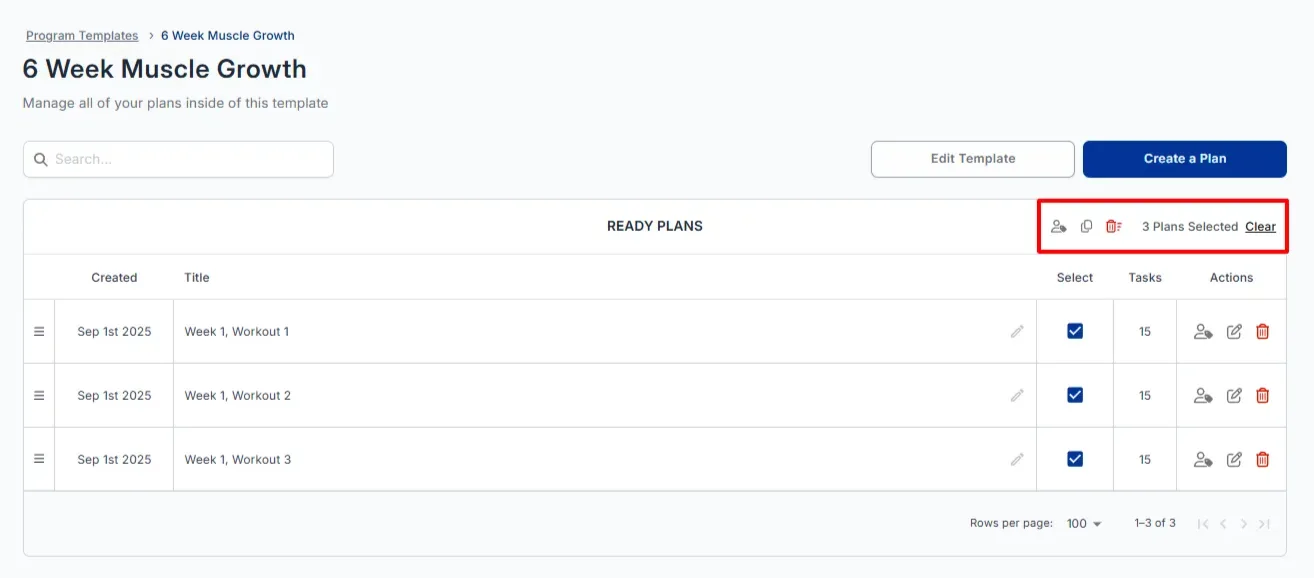 The mass edit menu with assign, copy, and delete icons above the selected plans