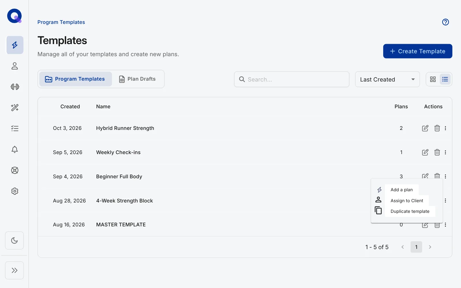 The Templates page in list view with a template's menu open, showing Add a plan, Assign to Client and Duplicate template