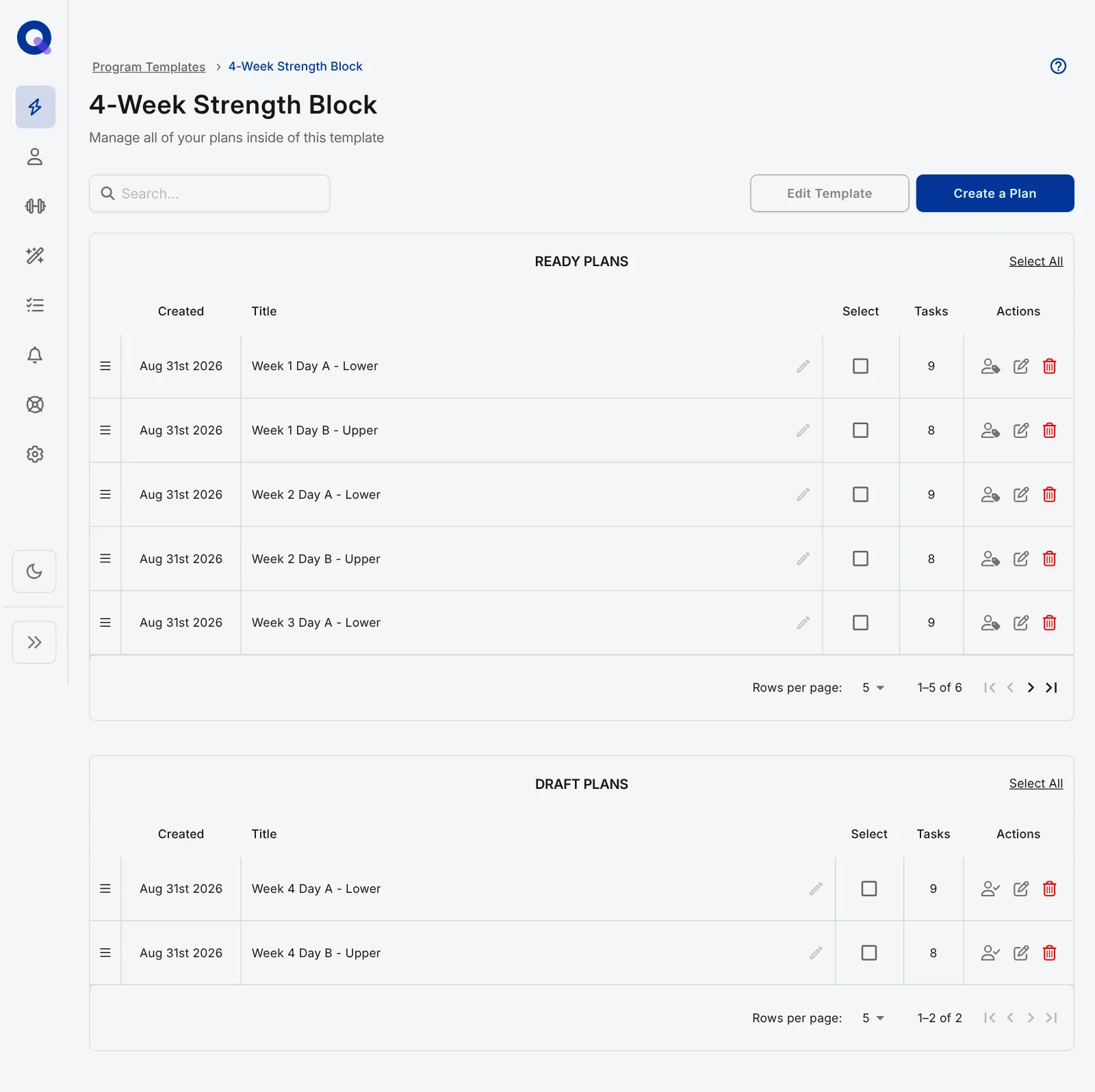 A template's page with Edit Template and Create a Plan buttons, a Ready Plans table and a Draft Plans table below it
