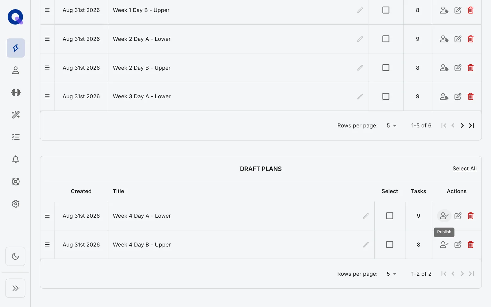 A template's Draft Plans table with drag handles on each row and the Publish tooltip showing on a draft's first action icon, next to Edit and Delete