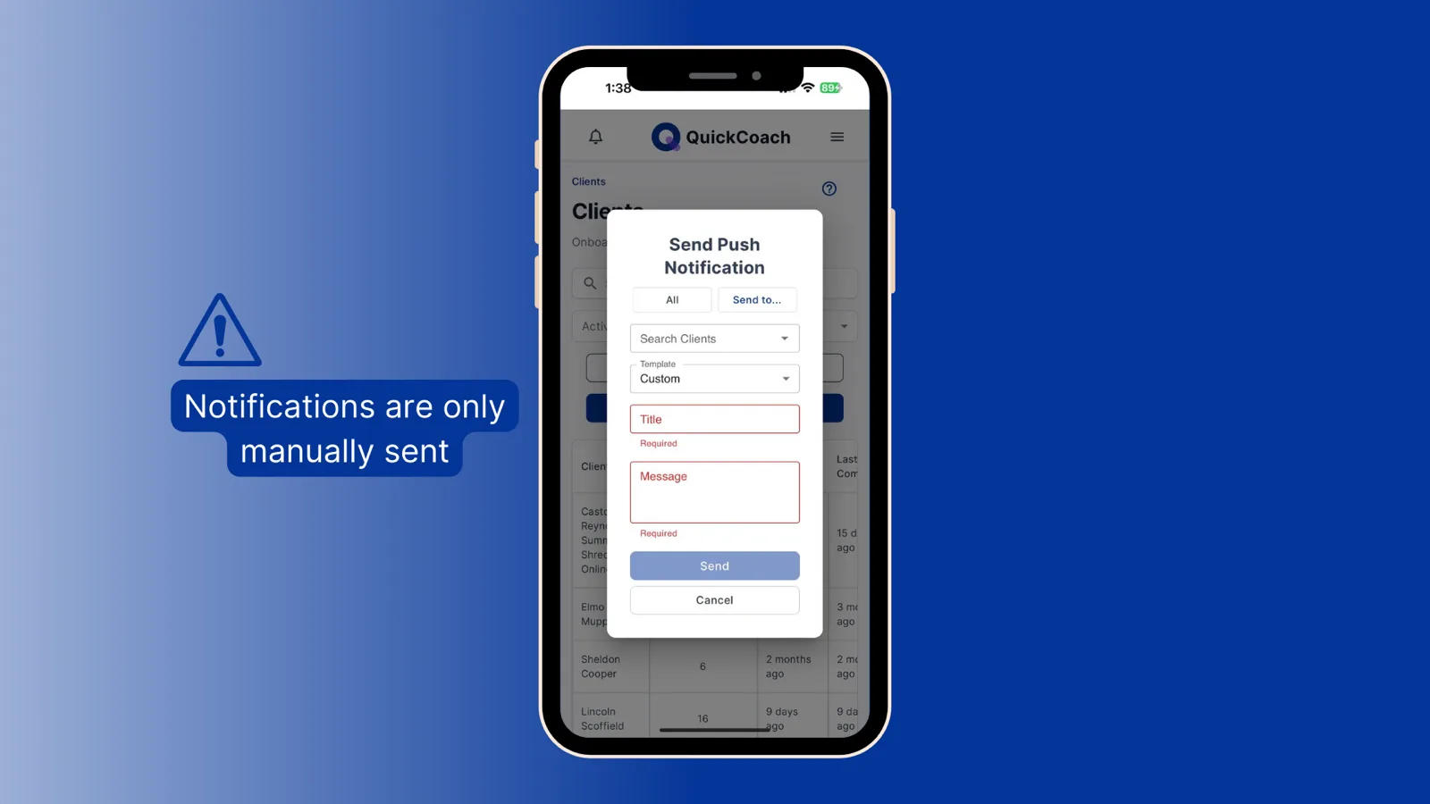The Send Push Notification dialog with All and Send to options, a template picker and title and message fields