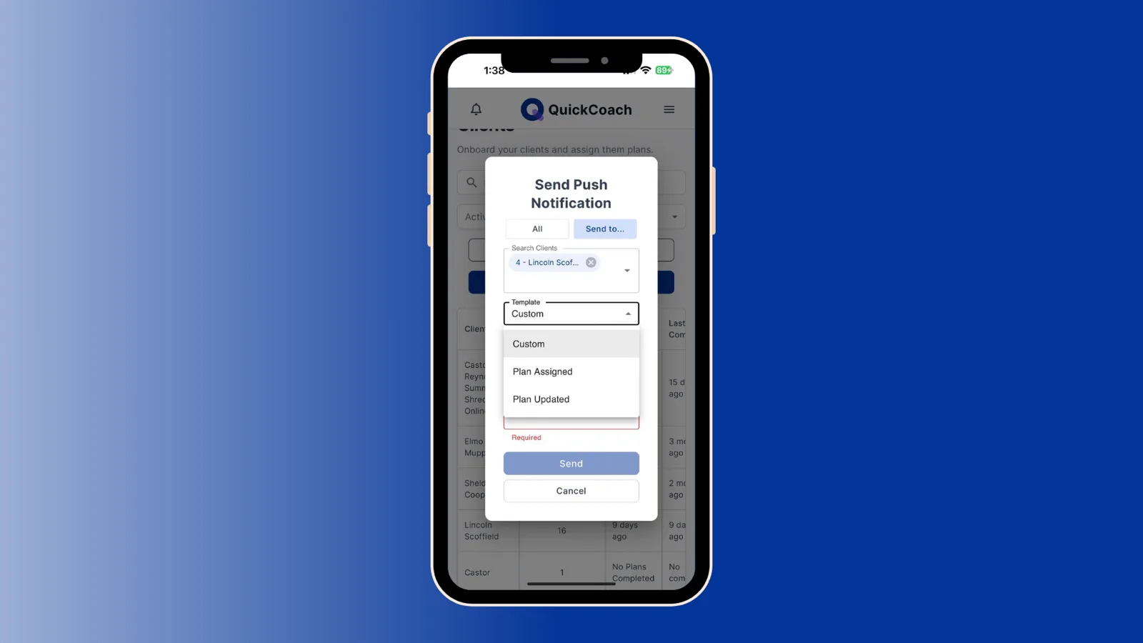 The notification template dropdown showing Custom, Plan Assigned and Plan Updated options