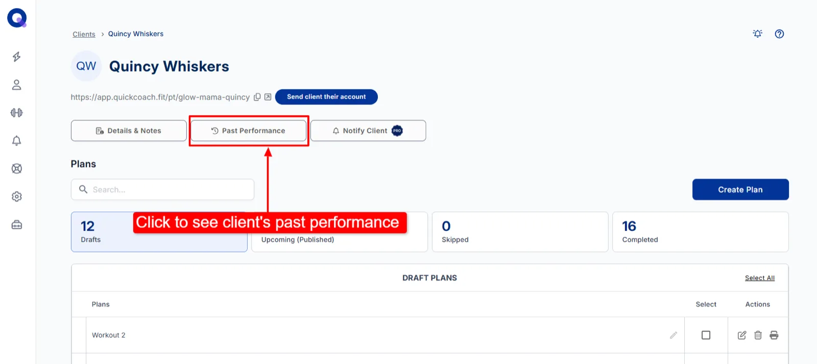 A client's page with the History button highlighted