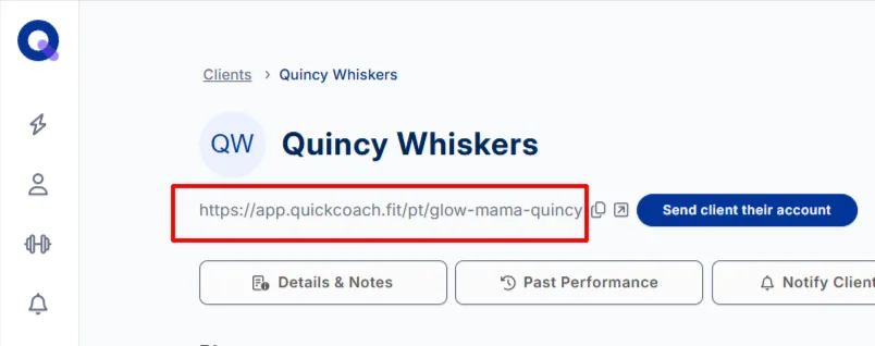 A client's account link highlighted next to the Send client their account button