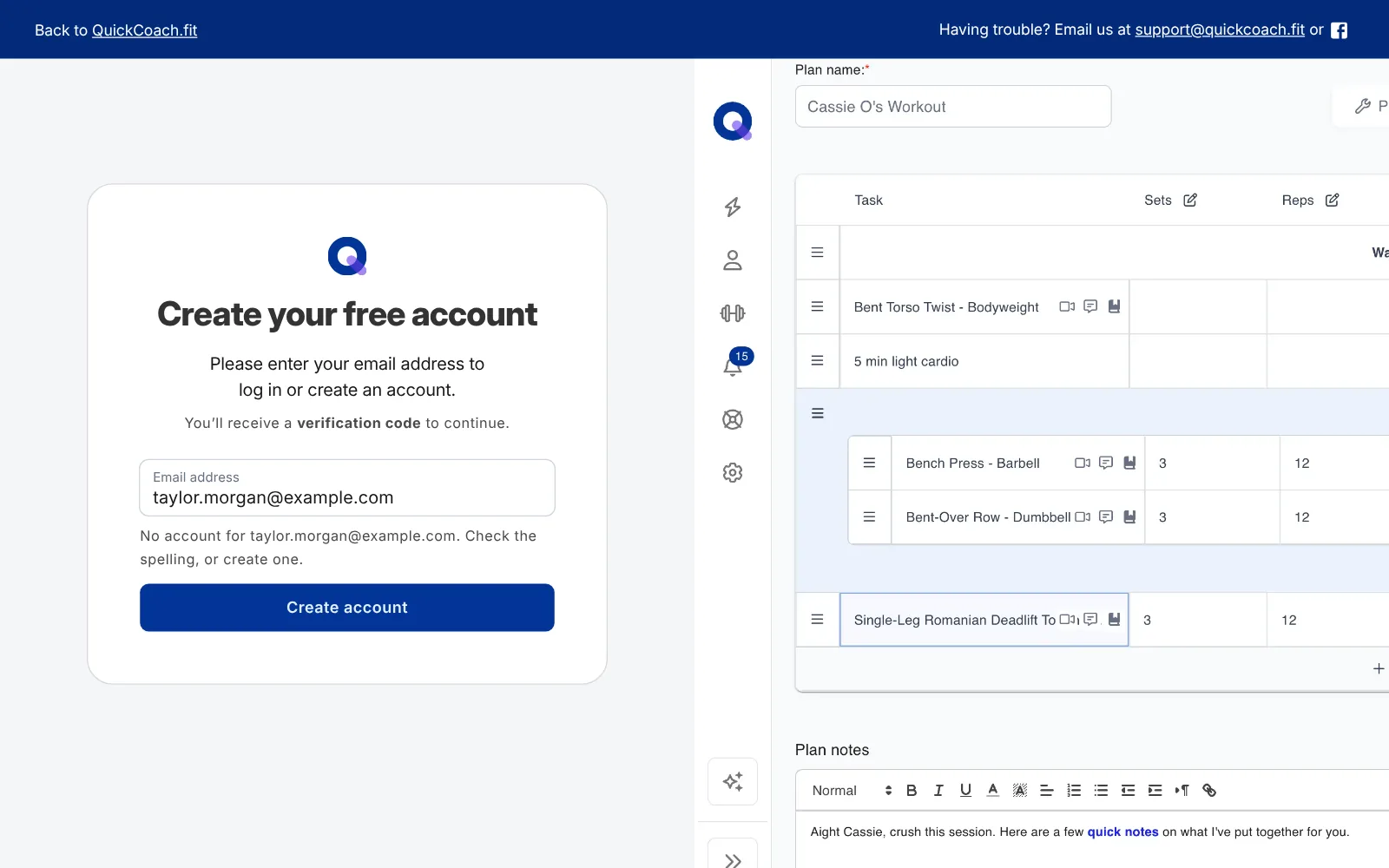 The QuickCoach login screen asking for an email address
