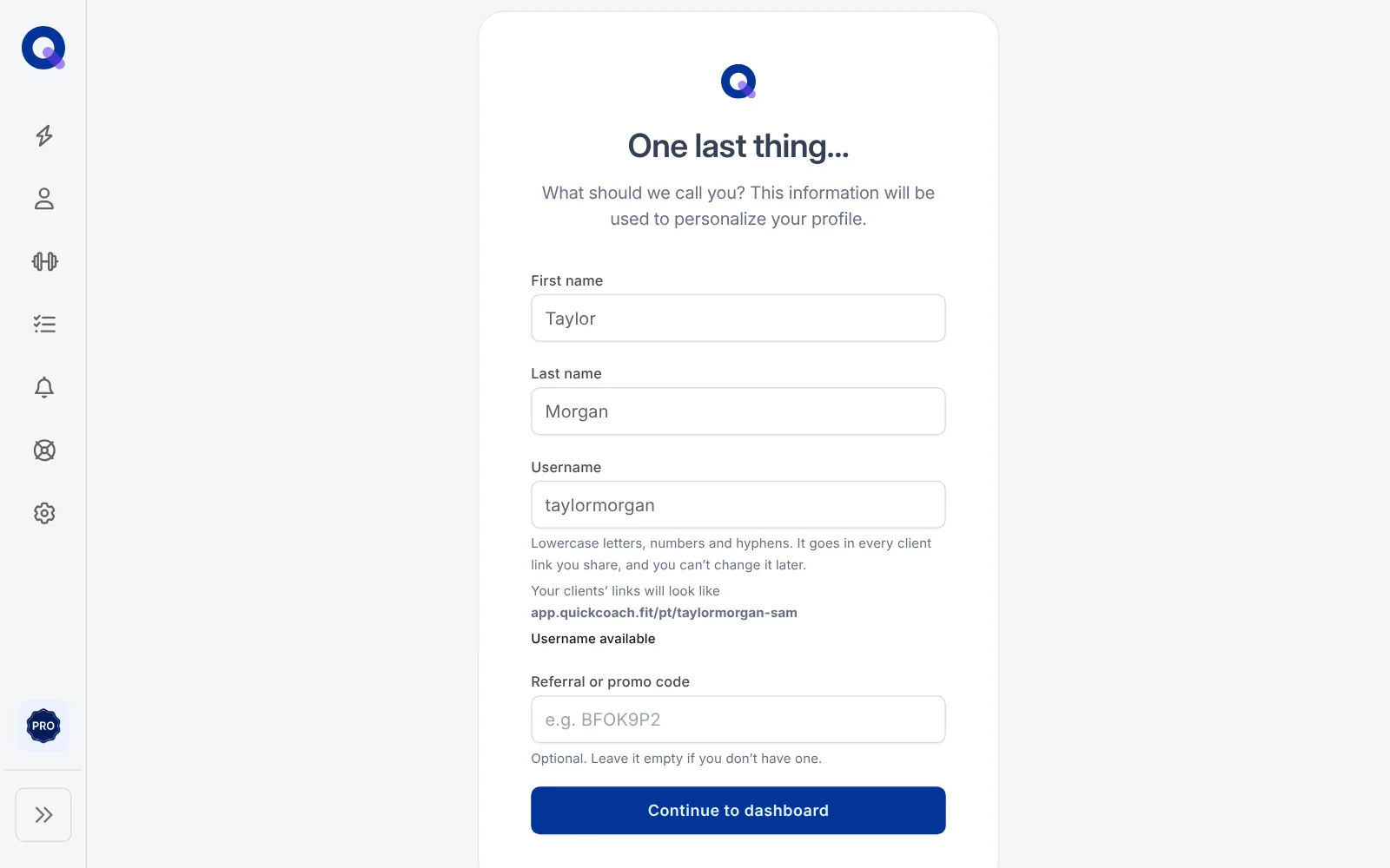 The new account screen with first name, last name and username fields