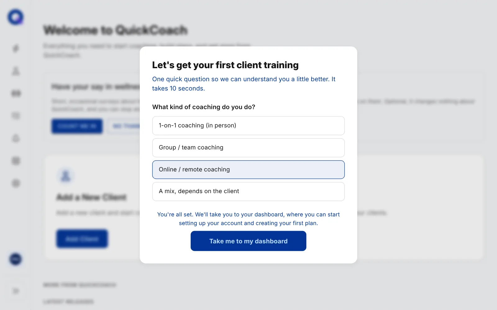 The welcome window asking what kind of coaching you do, with four options