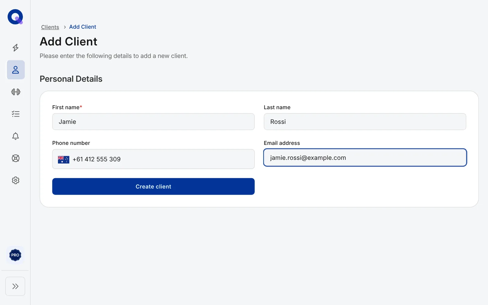 The add client form with first name, last name, phone number and email fields filled in