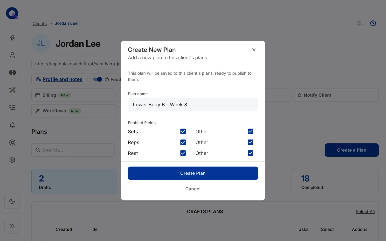 The Create New Plan window with a plan name and the enabled fields