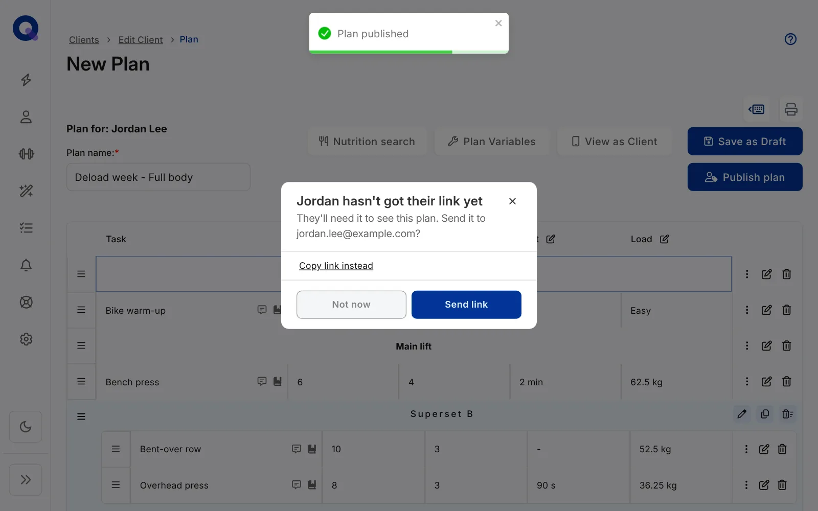 The Plan published message and the prompt saying the client hasn't got their link yet, with Send link, Copy link instead and Not now