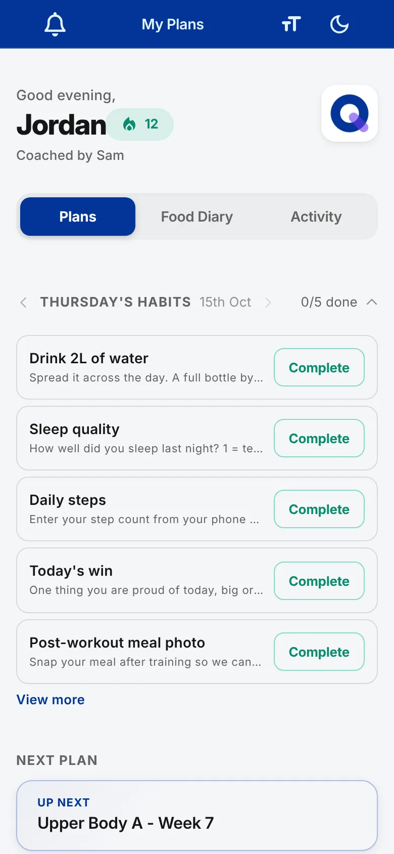 The client app home screen showing the next plan