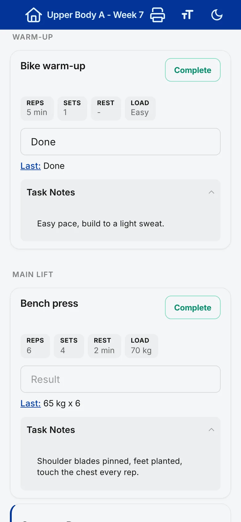 A plan open in the client app, with tasks and Result boxes