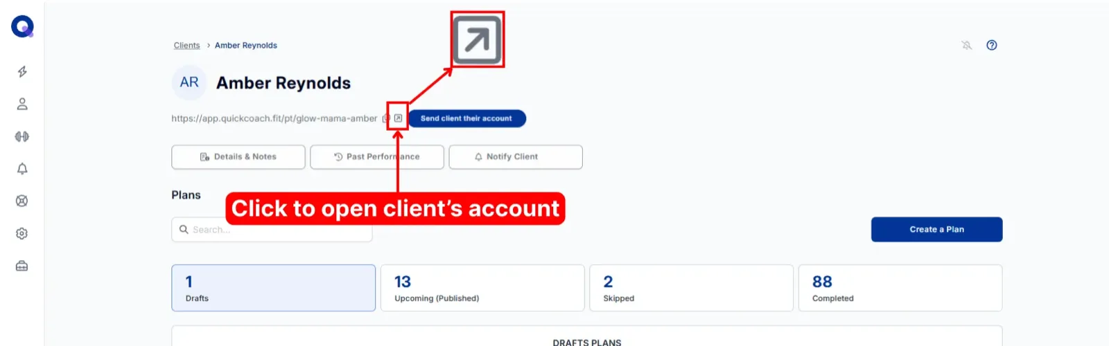 A client detail page with the open-account icon beside the client link highlighted