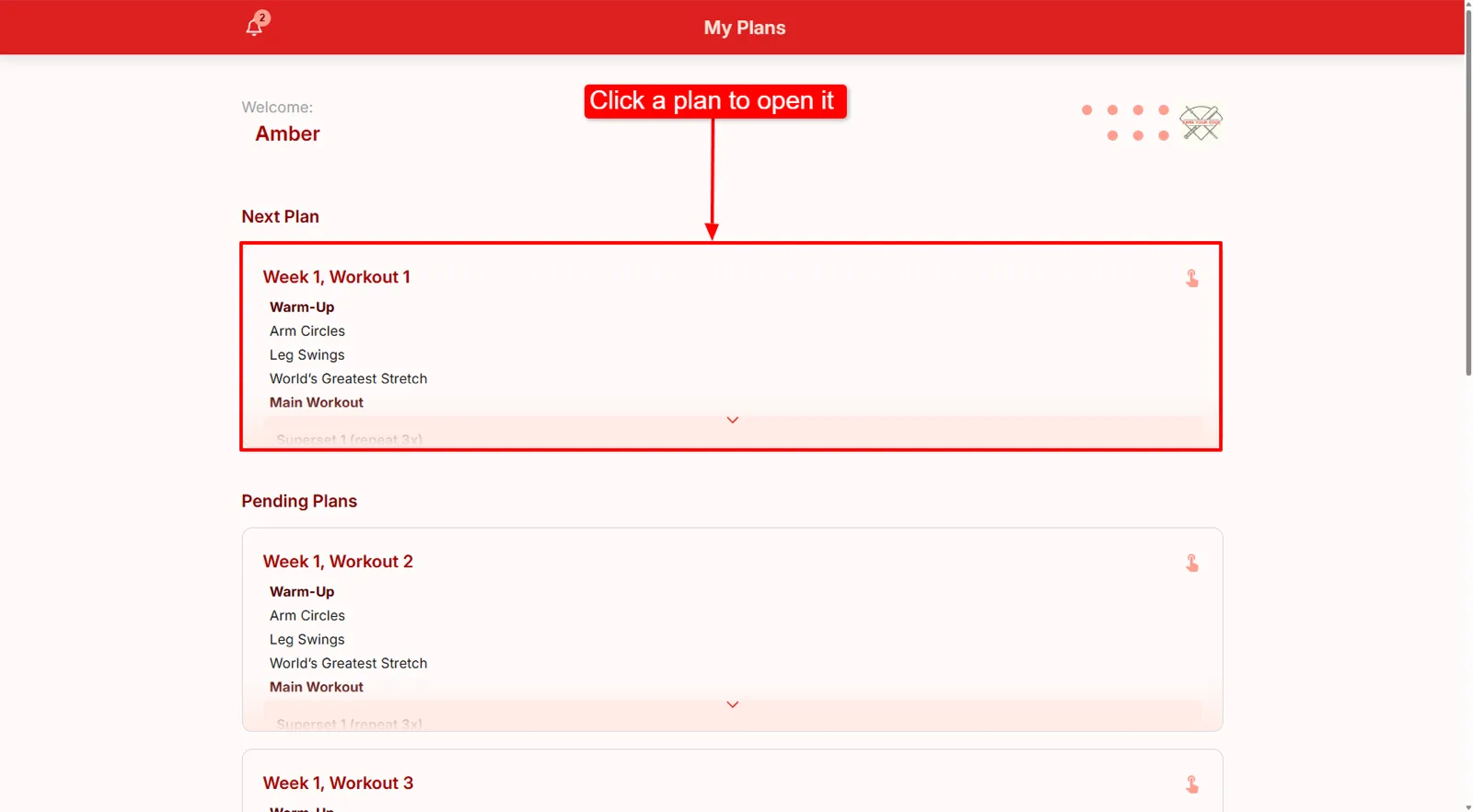 The client's My Plans home screen with the Next Plan card highlighted to open