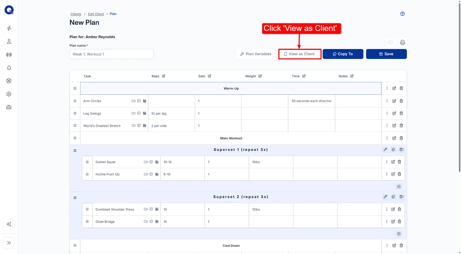The plan builder with the View as Client button highlighted above the task table