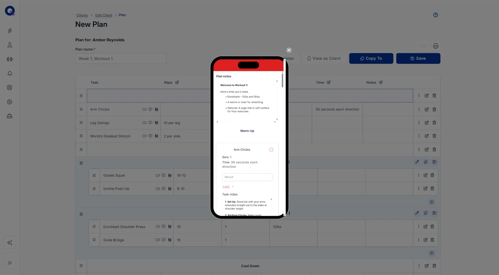 A phone preview of a plan showing plan notes and the first task with a result box