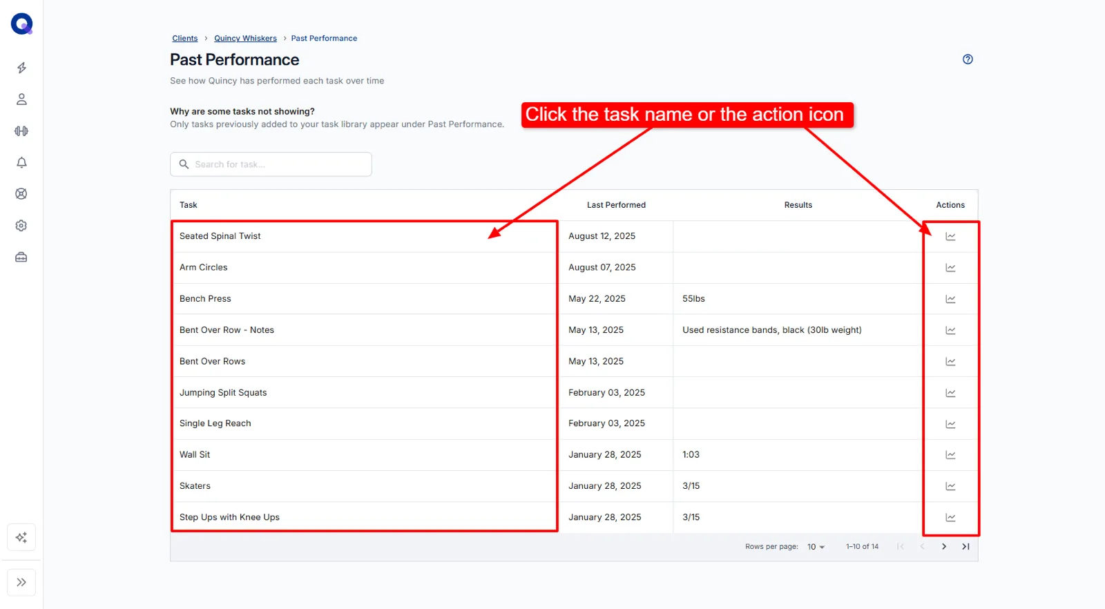 The History table listing tasks, dates and results, with task names and the action column highlighted