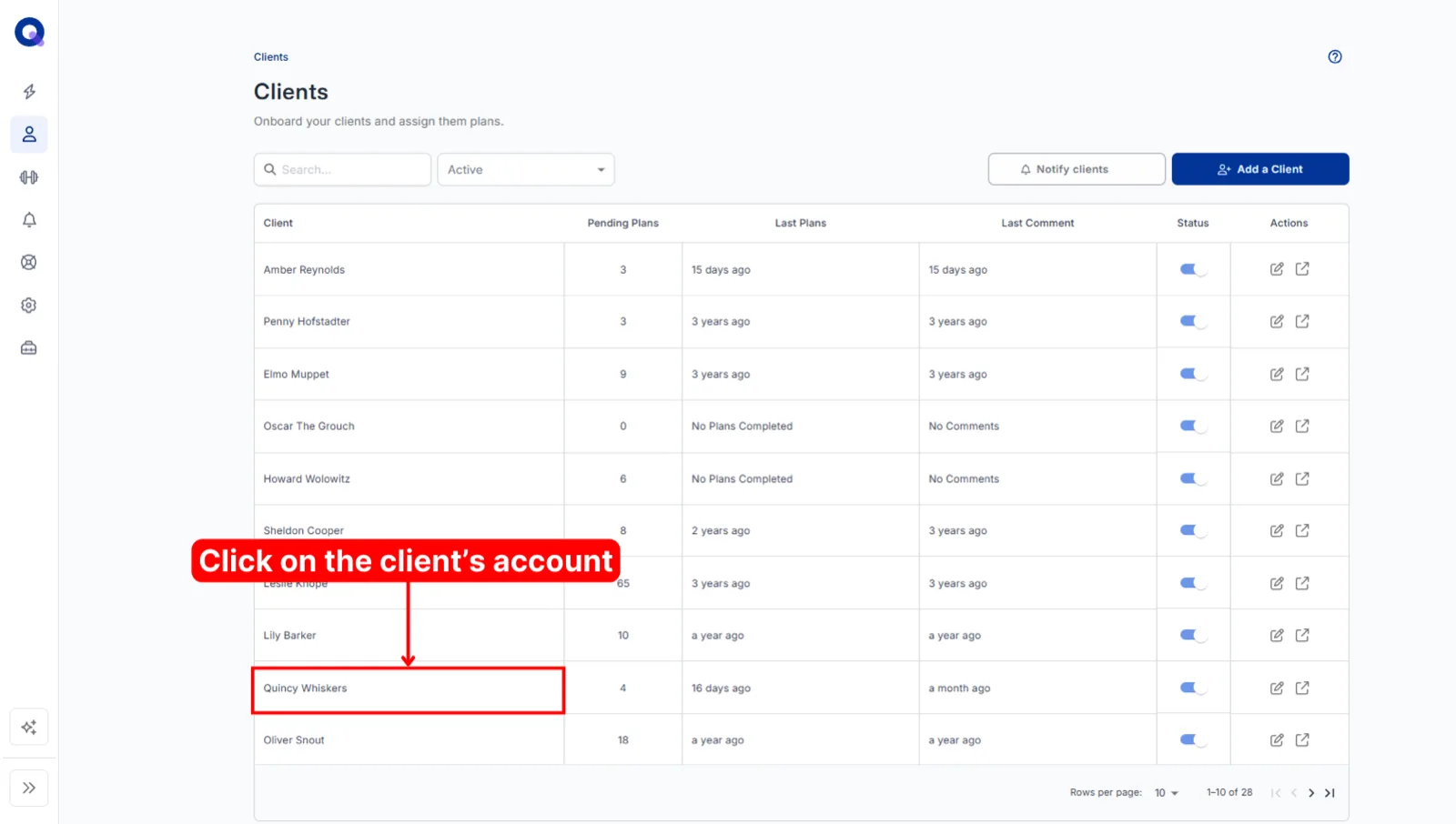 The Clients roster with an arrow pointing to a client's name