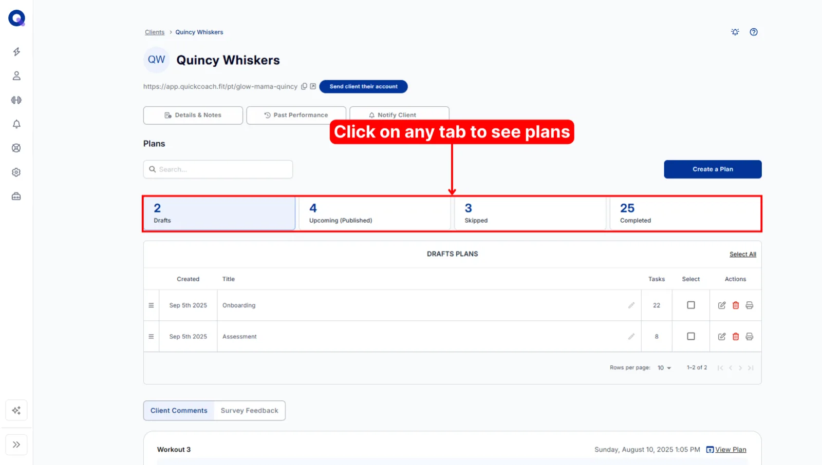 A client's page with the four plan tabs highlighted: Drafts, Upcoming (Published), Skipped, and Completed
