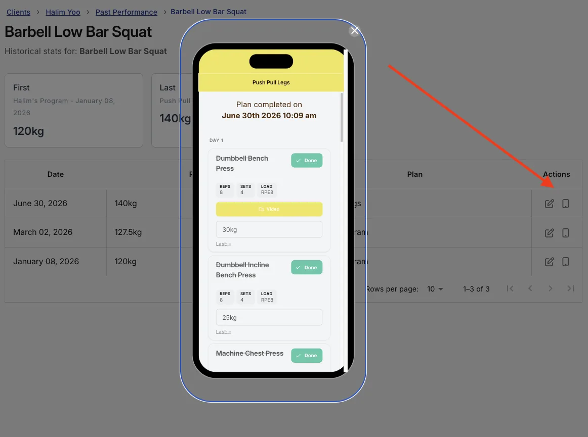 A task history page showing first and last results, with a client-view plan preview open